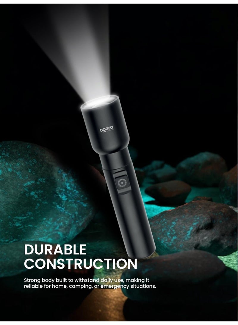 أوجيرا كشاف LED قابل لإعادة الشحن | كشاف صغير ببطارية 1AA | فائق السطوع ومحمول | طويل العمر | مقاوم للماء | كشاف جيب للطوارئ والاستخدام الخارجي | ضمان سنتين | OG1011SL | أسود - Image 4